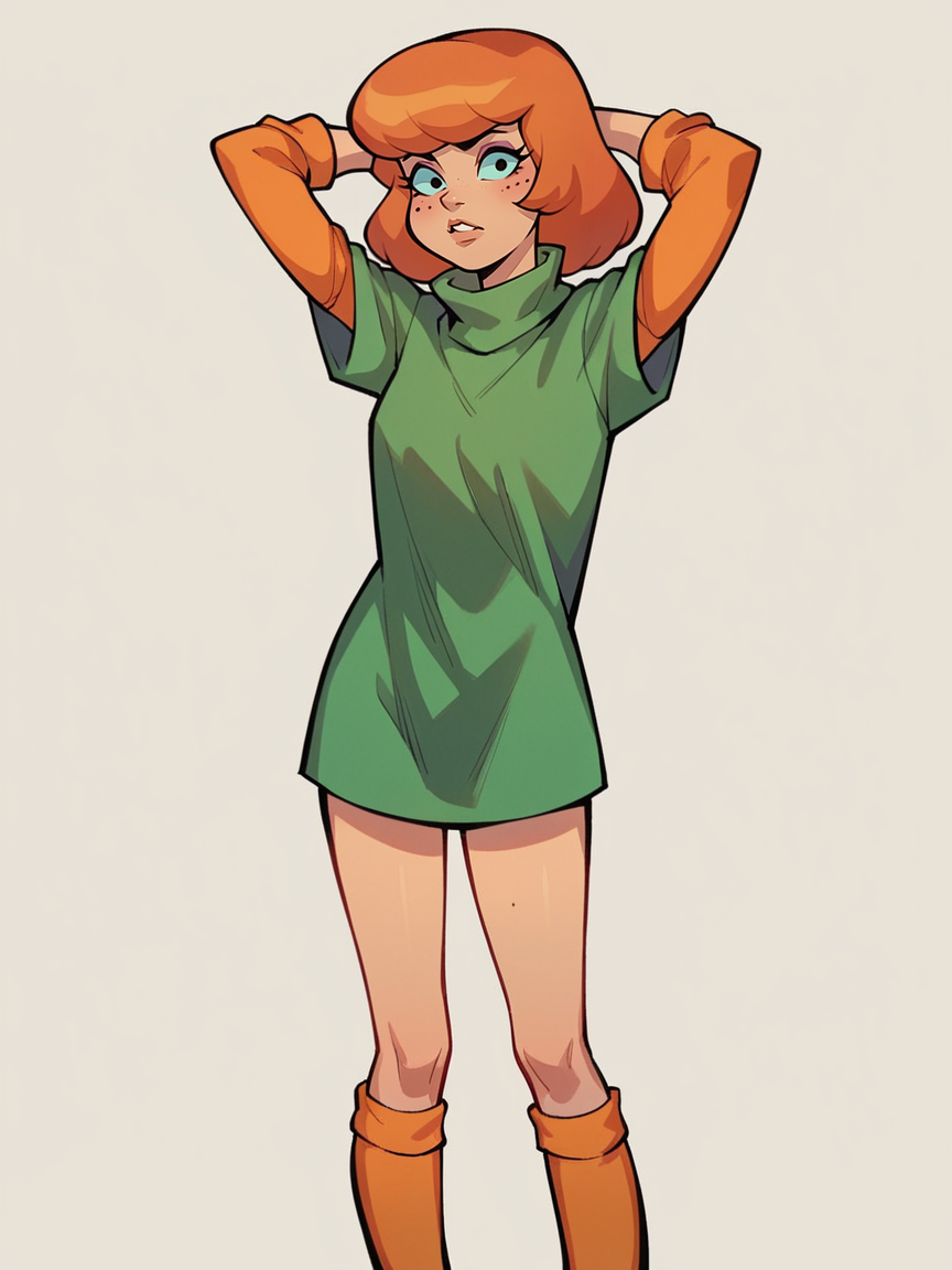 score_9, score_8_up, score_7_up, score_6_up, <lora:sc00byXLP:1> sc00by, 1girl, flat color, scooby-doo,