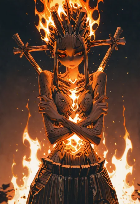 1 girl , wooden skin , wooden body , burning wood , charcoaled wood , charcoaled skin ,cross arm ,
masterpiece, best quality, amazing quality,