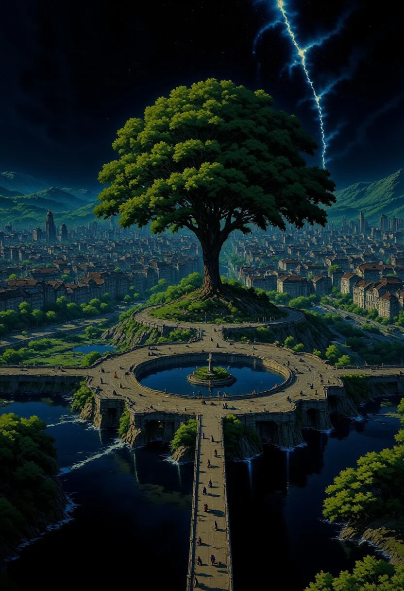 AnimeSky style, anime style, high lighting, Minimalist style city, with an octagon shape and canals that connect in the center of the city, the central focus is a large tree with luminescent leaves and is surrounded by water, which connects to the canals and connects with eight bridges between the canals to the city, it will have some large squares and houses, the sky would be at night where you can see a large galaxy accompanied by some planets.
high quality, best quality, masterpiece, high definition, high resolution