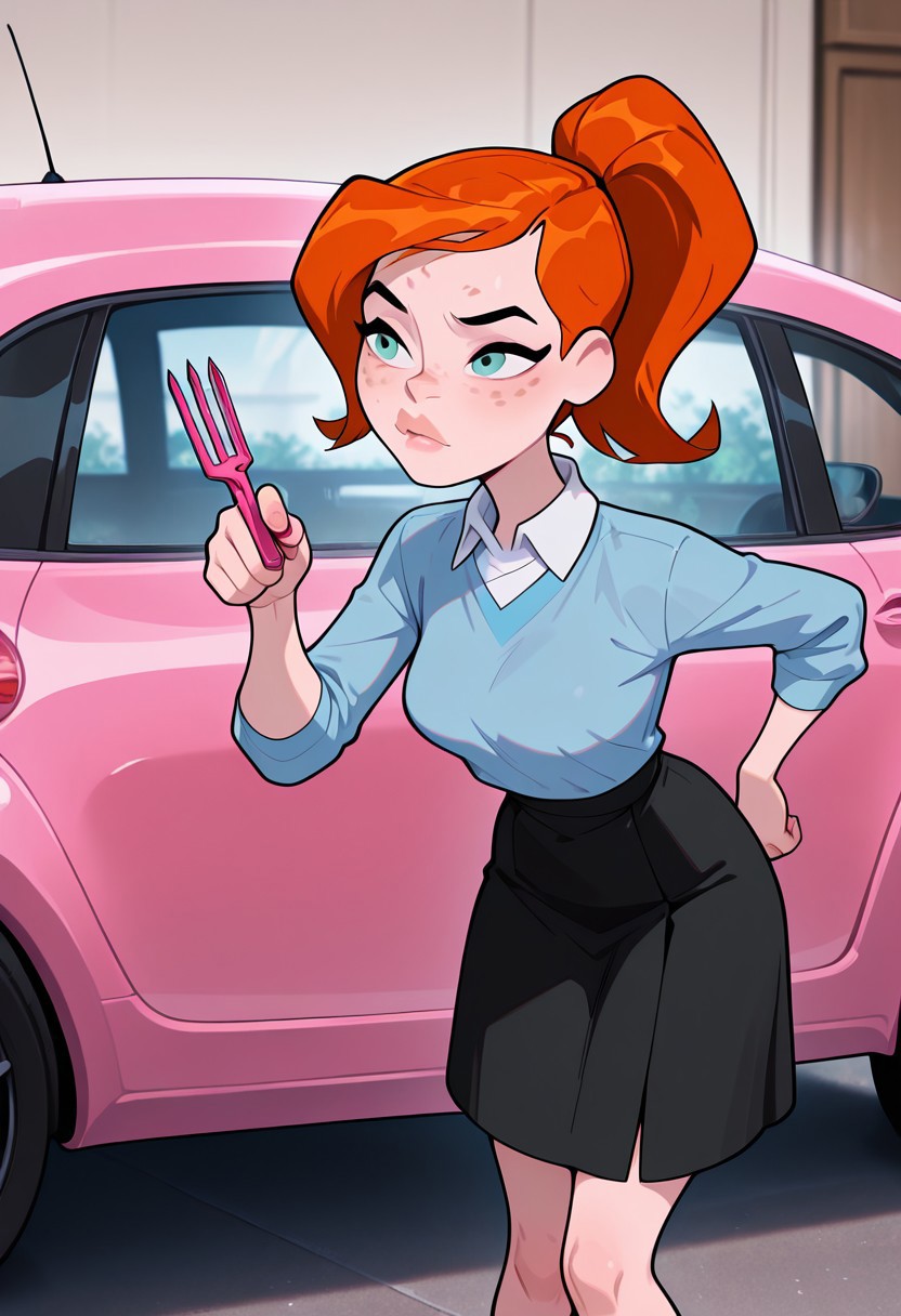 ((screencap, cartoon)) , masterpiece, best quality, amazing quality, very aesthetic, absurdres, newest,
ovgwen,  orange hair, 1girl,  freckles,, lips
ponytail, blue shirt, white collar, black skirt, long sleeves, 
pink car, transparent car, translucent car, pointing, leaning forward, holding car keys, pink keys,