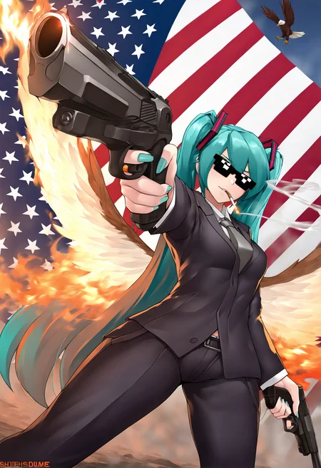 masterpiece, best quality, solo, 1girl, hatsune miku, cowboy shot, outdoors, dutch angle, american flag background, holding gun, gun, fire, eagle, dual wielding, dynamic pose, standing, bird behind head, deal with it \(meme\), sunglasses, cigarette, smoking, suit, (nephlite:0.6), foreshortening, outstretched wings,