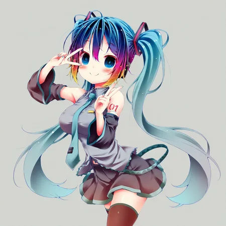 masterpiece, best quality, amazing quality, very aesthetic, absurdres, newest,
<lora:Koushin_Ryo_style_ILLUST-000008:0.95> kamiya yuu parody,
1girl, solo, hatsune miku, blue eyes, blue hair, long hair, long twintails, hair ornament,
large breasts, necktie, detached sleeves, shirt, skirt, thighhighs,
blush, smile, v over eye, gradient hair, multicolored hair,