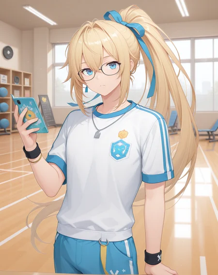 masterpiece,best quality,amazing quality, newest, very aesthetic, absurdres,
1boy, solo, yaoi, male focus, looking at viewer, cowboy shot, standing,
<lora:Grandiel_Commentator_ilxl:1> grandielcommentator, blonde hair, blue eyes, glasses, high ponytail, black-framed eyewear, hair between eyes, sidelocks, hair intakes,
gym uniform, gym shorts, gym shirt,
indoors, gym,
