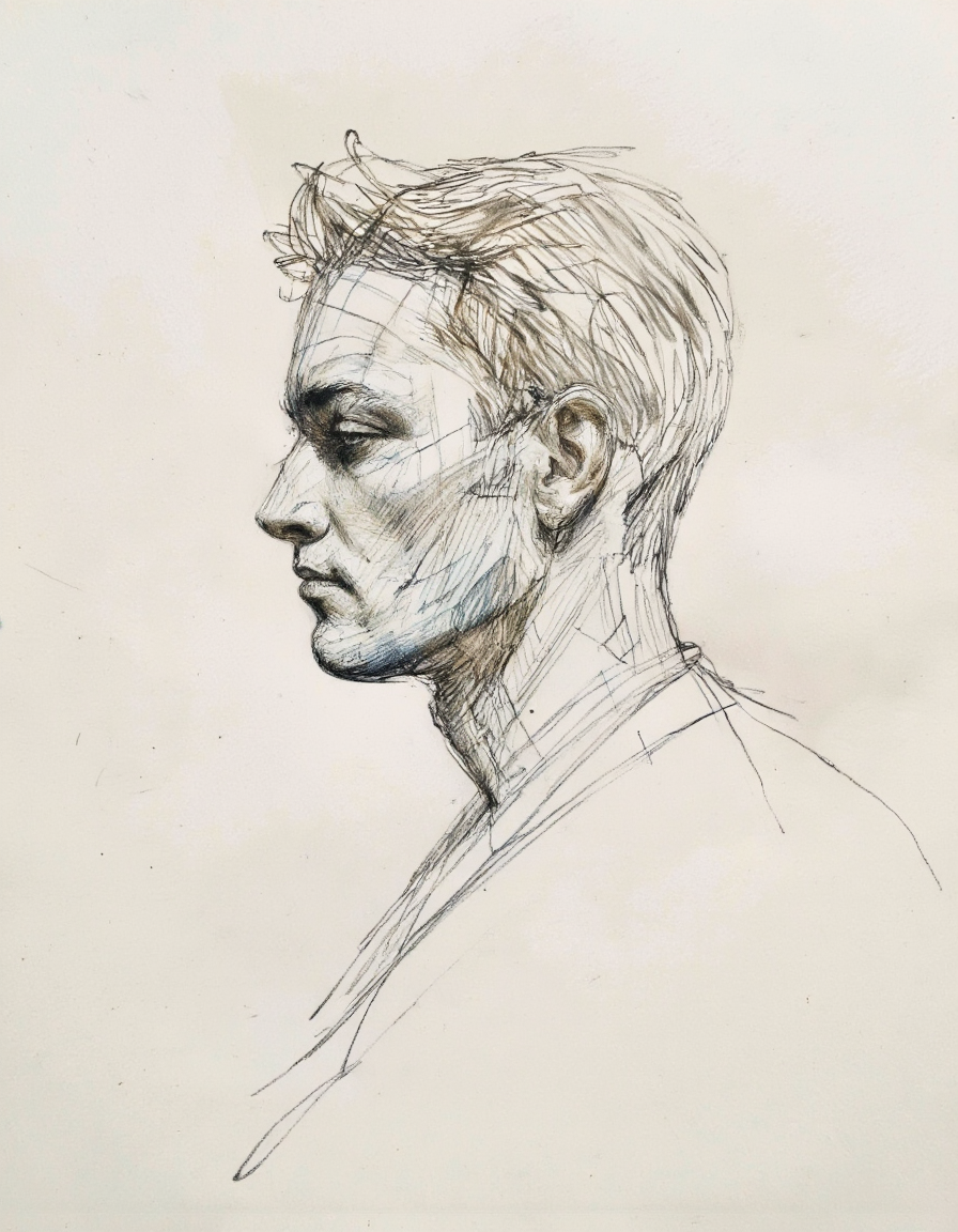 This is a detailed pencil drawing of a man's head and neck in profile, rendered in a realistic style on Parchment paper. The subject's face is turned slightly to the left, with a serene and contemplative expression. The eyes are closed, giving a sense of introspection. The drawing captures the subject's facial features with precision, including the nose, lips, and jawline. The hair is depicted with fine, short strokes, creating a textured effect that suggests a short, neatly groomed style.
The drawing uses cross-hatching and shading techniques to create depth and dimension, with darker lines closer to the center of the face and lighter lines towards the edges. The background is a plain, uncolored surface, which contrasts sharply with the intricate details of the drawing, making the subject stand out prominently. The overall texture of the drawing is smooth, with a slight roughness in the shading, giving it a realistic and lifelike quality. The image captures the essence of the subject's calm demeanor and the artist's meticulous attention to detail. <lora:Sketch:0.95>