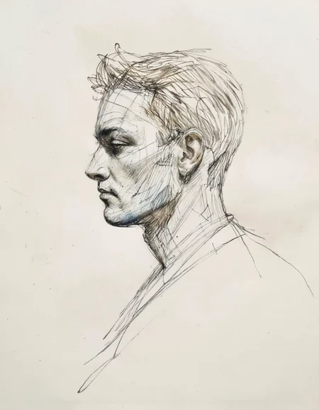 This is a detailed pencil drawing of a man's head and neck in profile, rendered in a realistic style on Parchment paper. The subject's face is turned slightly to the left, with a serene and contemplative expression. The eyes are closed, giving a sense of introspection. The drawing captures the subject's facial features with precision, including the nose, lips, and jawline. The hair is depicted with fine, short strokes, creating a textured effect that suggests a short, neatly groomed style.
The drawing uses cross-hatching and shading techniques to create depth and dimension, with darker lines closer to the center of the face and lighter lines towards the edges. The background is a plain, uncolored surface, which contrasts sharply with the intricate details of the drawing, making the subject stand out prominently. The overall texture of the drawing is smooth, with a slight roughness in the shading, giving it a realistic and lifelike quality. The image captures the essence of the subject's calm demeanor and the artist's meticulous attention to detail. <lora:Sketch:0.95>