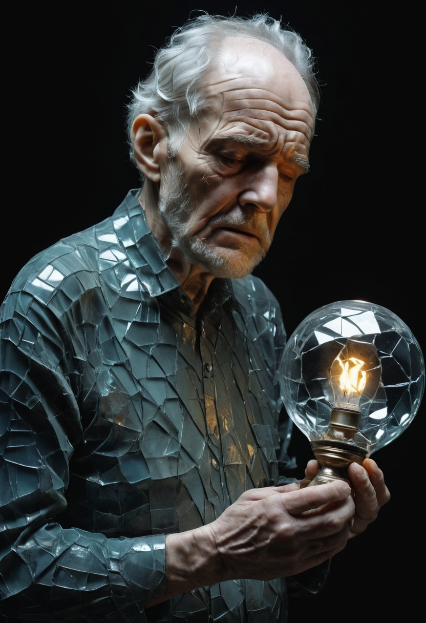 very old man sadly holds a lamp made of broken glass in his hands, looks sad, pieces of glass, High detail, 8k <lora:Made_of_pieces_broken_glass_v2:0.8>