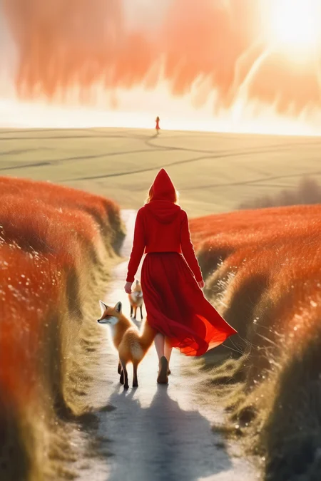 <lora:Elizabeth Gadd Style:1>Elizabeth Gadd Style - fashion photography of a young woman dressed in a red skirt and hoodie, she is walking in a white hilly landscape, around her some foxes are running, in the background the rim light of a god presence is illuminating the countryside