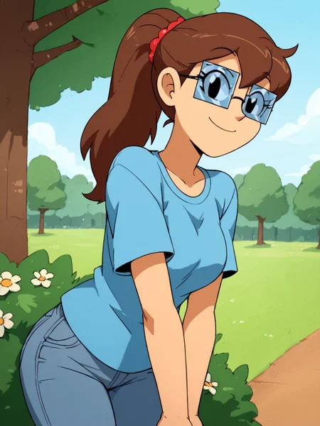 score_9, score_8_up, score_7_up, score_6_up, BREAK, S0s4n, 1girl, solo, black eyes, long hair, brown hair, glasses, ponytail, blue shirt, jeans, smile, looking at viewer, in the park, flower, tree <lora:Susan-000006:1>