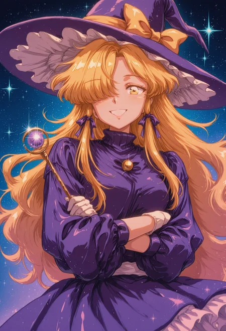 Marisa98, 1girl, solo, yellow eyes, blonde hair hair, long hair, hair over one eye, sidelocks, small breasts, witch hat, purple hat, frilled hat, hat bow, yellow bow, hat ornament, crescent hat ornament, hair ribbon, purple ribbon, purple turtleneck, purple dress, frilled skirt, puffy long sleeves, yellow buttons, white gloves, white sash, glossy hair, glossy lips, >:d, holding wand, ((outstretched crossed arms)), sparkles, stars, upper body, close-up, portrait, facing viewer, ambient light, soft shadows, vivid, perspective, masterpiece, best quality, amazing quality, intricate detail, highly detailed, newest, highres, 8K, HDR, best quality, absurdres, high quality, dynamic composition, vibrant colors, lgts style, dark_fantasy_style, retro, film grain, depth of field, solo focus, low angle view