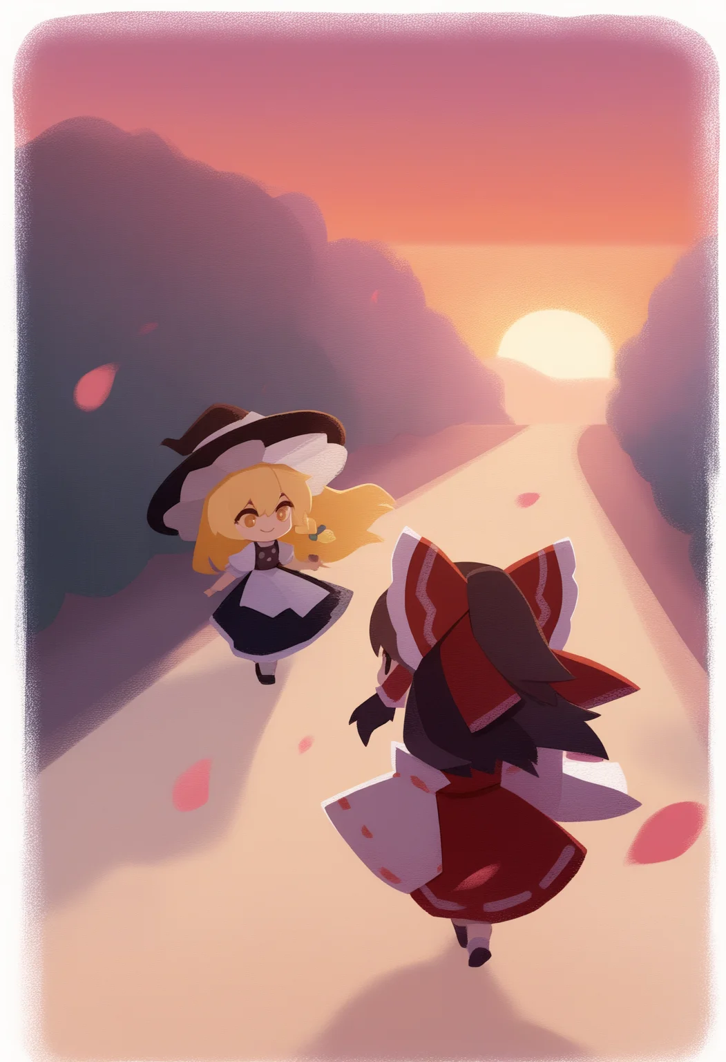 onmyojistyle, chibi, masterpiece, best quality, <break> white border, multiple girls, 2girls, hakurei reimu, kirisame marisa, touhou, smile, looking at another, walking, floating hair, black headwear, witch hat, outdoors, sunset, path, tree, bush, falling petals
<segment:yolo-Anzhc Face seg 640 v2 y8n.pt,0.4,0.5//cid=1>