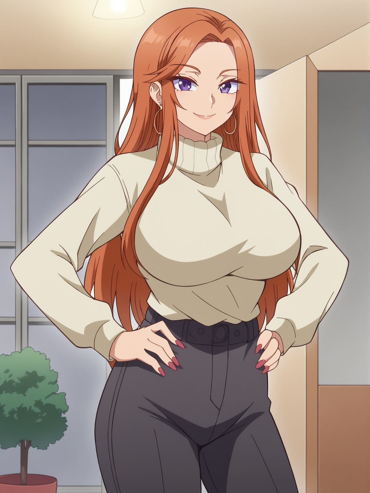 <lora:Mai_Fuyuki-Hokkaido_Gals_Are_Super_Adorable:1>,mai,1girl,long hair,purple eyes,earrings,large breasts,turtleneck,pants,sweater,cowboy shot,hands on own hips,looking at viewer,indoors,smile