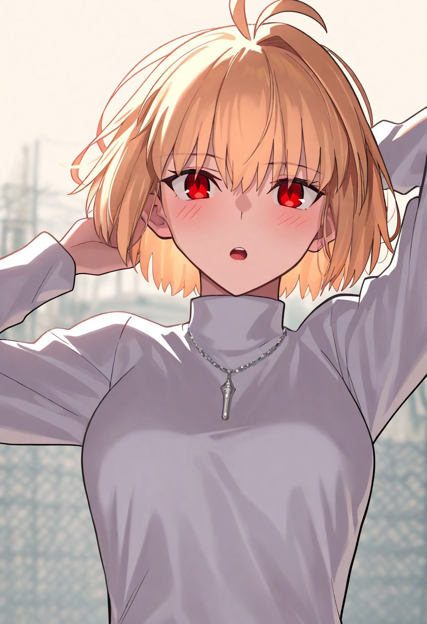 masterpiece, best quality, newest, absurdres, highres, safe, el3gymaster, arcueid brunestud, 1girl, blonde hair, solo, upper body, short hair, single hair intake, turtleneck, white sweater, blush, long sleeves, sweater, antenna hair, jewelry, turtleneck sweater, chain, arm behind head, necklace, upper teeth only, outdoors