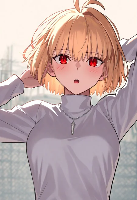 masterpiece, best quality, newest, absurdres, highres, safe, el3gymaster, arcueid brunestud, 1girl, blonde hair, solo, upper body, short hair, single hair intake, turtleneck, white sweater, blush, long sleeves, sweater, antenna hair, jewelry, turtleneck sweater, chain, arm behind head, necklace, upper teeth only, outdoors