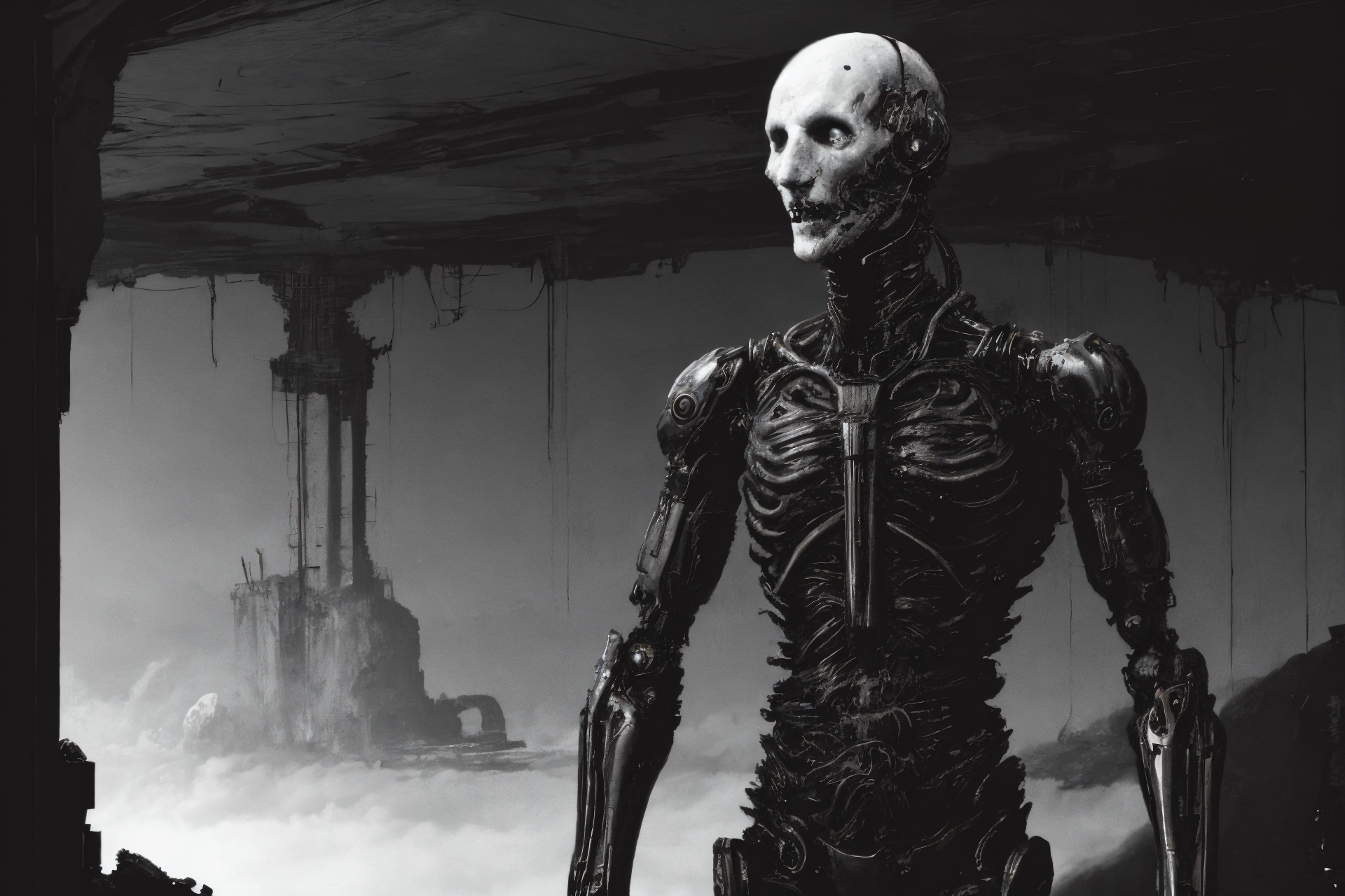 (humanoid with a white synthetic skin face full of cybernetic implants), (thick dark leather coat with neck cover:1.3), (cross tattoo only on forehead:1.3), 1guy, blue sky, cloud, collarbone (looking at viewer and smiling:1.2), (white reflective eyes:1.1), sky, solo, upper body, ((masterpiece)), (smirk512:1.3), (synth goth cyber armor with metal plates:1.3), (thick stretched neck guard made out of body pipes:1.2), <lora:epiNoiseoffset_v2:1>, (masterpiece), (best quality), (high resolution), hyper detailed, detailed_background, cables, dim light, vast, space age architecture, communism architecture
OrganicBiomArt, <lora:bodhor:0.4> <lora:Blame!:1>
((environment falling apart)), (catastrophic failure), ((action shot))