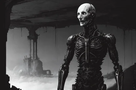 (humanoid with a white synthetic skin face full of cybernetic implants), (thick dark leather coat with neck cover:1.3), (cross tattoo only on forehead:1.3), 1guy, blue sky, cloud, collarbone (looking at viewer and smiling:1.2), (white reflective eyes:1.1), sky, solo, upper body, ((masterpiece)), (smirk512:1.3), (synth goth cyber armor with metal plates:1.3), (thick stretched neck guard made out of body pipes:1.2), <lora:epiNoiseoffset_v2:1>, (masterpiece), (best quality), (high resolution), hyper detailed, detailed_background, cables, dim light, vast, space age architecture, communism architecture
OrganicBiomArt, <lora:bodhor:0.4> <lora:Blame!:1>
((environment falling apart)), (catastrophic failure), ((action shot))