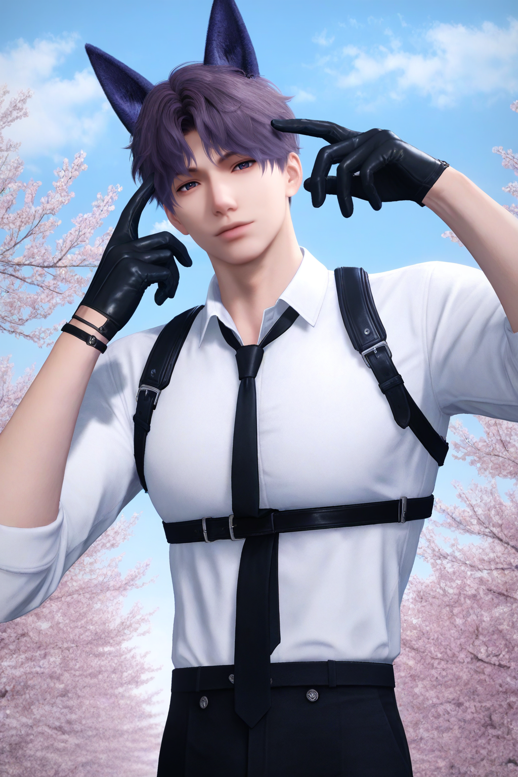 <lora:rafayel-NAI:0.7>,Rafayel, 1boy, male focus, solo, short hair, looking at viewer, shirt, white shirt, collared shirt, gloves, necktie, black gloves, cherry blossoms, outdoors, black necktie, day, sky, animal ears, blue sky, harness, chest harness, finger to head, purple hair, yaoi,bara,male focus,very awa,masterpiece,best quality,amazing quality,nsfw,uncersored,highres,best quality,amazing quality,best aesthetic,absurdres,