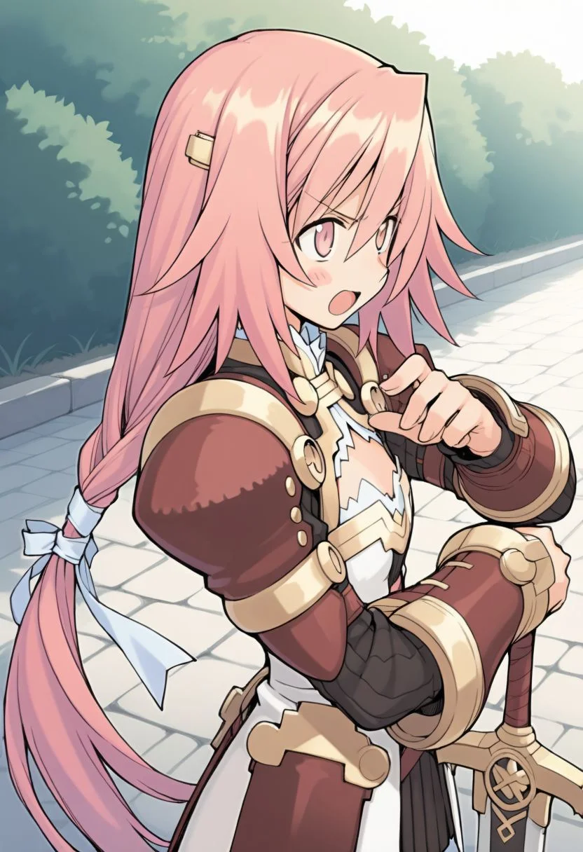 (masterpiece, best quality, newest, absurdres, highres), 
outdoors, stone floor, upper body, from side, wide shot, 
1girl,  <lora:eina_(summon_night):0.8> eina (summon night), pink hair, pink eyes, hair ornament, blush stickers, long hair, low-tied long hair, armor, armored dress, gauntlets, cleavage, cleavage cutout, gold trim, 
flat chest, 
holding sword, v-shaped eyebrows, angry, hand up, posing, open mouth,