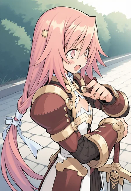 (masterpiece, best quality, newest, absurdres, highres),
outdoors, stone floor, upper body, from side, wide shot,
1girl, <lora:eina_(summon_night):0.8> eina (summon night), pink hair, pink eyes, hair ornament, blush stickers, long hair, low-tied long hair, armor, armored dress, gauntlets, cleavage, cleavage cutout, gold trim,
flat chest,
holding sword, v-shaped eyebrows, angry, hand up, posing, open mouth,