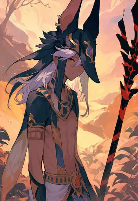 score_9, score_8_up, score_8, anime style, score_9_up, score_7_up, score_7, score_6_up, score_6, source_anime,
1boy, solo, 1boy, male_focus, cyno, long hair, white hair, shirtless, jackal headpiece, animal ear hat, (dark-skinned male:0.5), standing, solo, (holding desert spear), looking at viewer, short, petite, (cute), (cute boy), cool, (abstract painting), (colorful, purple), foliage, tired eyes, (greenery),