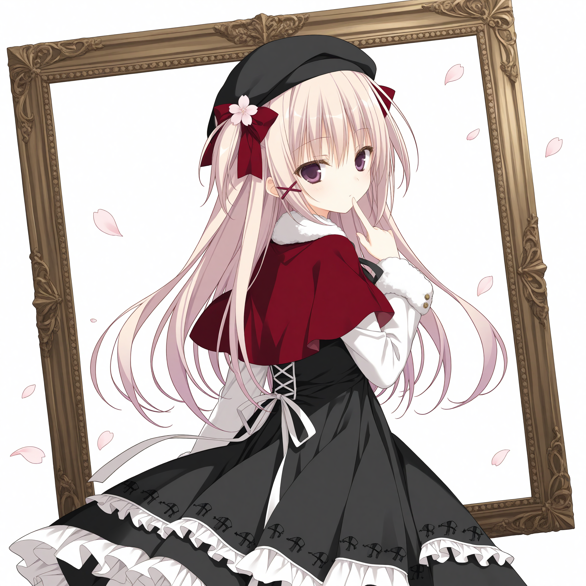 <lora:Natsume_Shizuku_Uta_1_nai-000011:1>,Natsume Shizuku,
long hair,two side up,x hair ornament,
official outfit,layered dress,black dress,frilled dress,white frills,black ribbon,center frills,neck ribbon,red capelet,white sleeves,long sleeves,fur-trimmed sleeves,black hat,hair bow,red bow,hair flower,
BREAK
1girl,solo,expressionless,looking at viewer,looking back,from behind,picture frame,finger to mouth,cherry blossoms,petals,falling petals,simple background,in frame,white background,