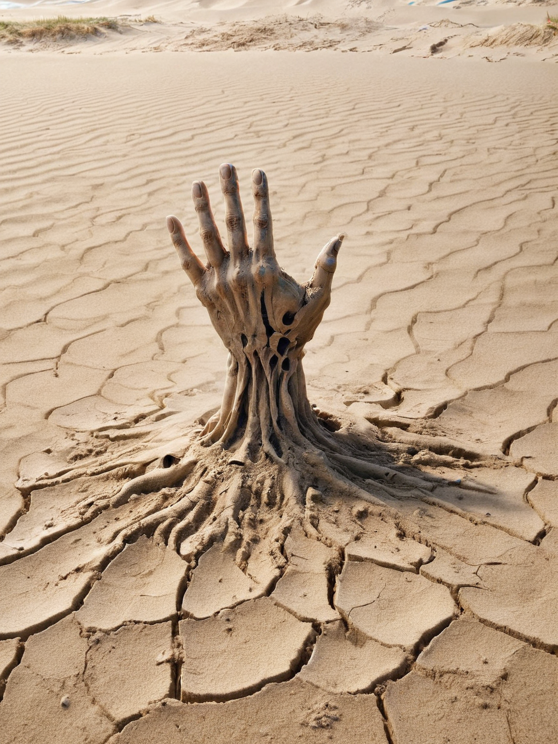 A giant ais-prchd  hand emerging from the sand, as if a buried civilization is struggling to reach out <lora:ais-prchd-sdxl:1>