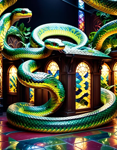 "An enormous snake shedding its skin, the shed scales designed like translucent stained glass, each scale displaying miniature living animations of human and animal transformations, labyrinthine patterns of scales reflecting on cracked mirrors surrounding the installation, vivid holographic projections blending realism and surrealism, dramatic interplay of light and shadow, biotechnological aesthetic, emotional and philosophical ambiance, intricate detailing, gallery setting." <lora:SDXLFaeTastic2400:0.4> <lora:extremely_detailed:0.4> extremely detailed, <lora:sn4ke:1>,sn4ke, Masterpiece,best quality,hi res,8k,hi res,8k,award winning,(sharp focus, intricate, highly detailed),