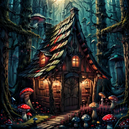 ((masterpiece,best quality)), absurdres, 8k, intricate, high detail,   
<lora:Magical_Forest_Home_v2:0.8>, Magical_Forest_Home, (detailed wooden door:1), mushrooms, Mushroom house, magic, glowing,
<lora:more_details:0.7>