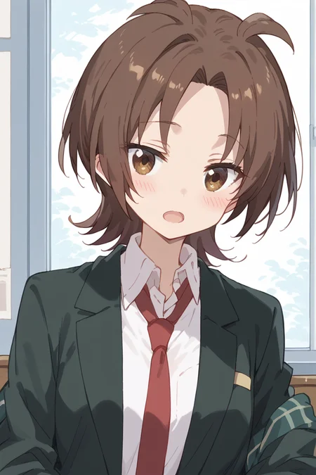 score_9, score_8_up, score_7_up, score_6_up,
<lora:Yuzu_Iizuka:1> yuzu, 1girl, school uniform, brown hair, solo, brown eyes, necktie, open mouth, red necktie, uniform, jacket, blush, shirt, blazer, white shirt, looking at viewer