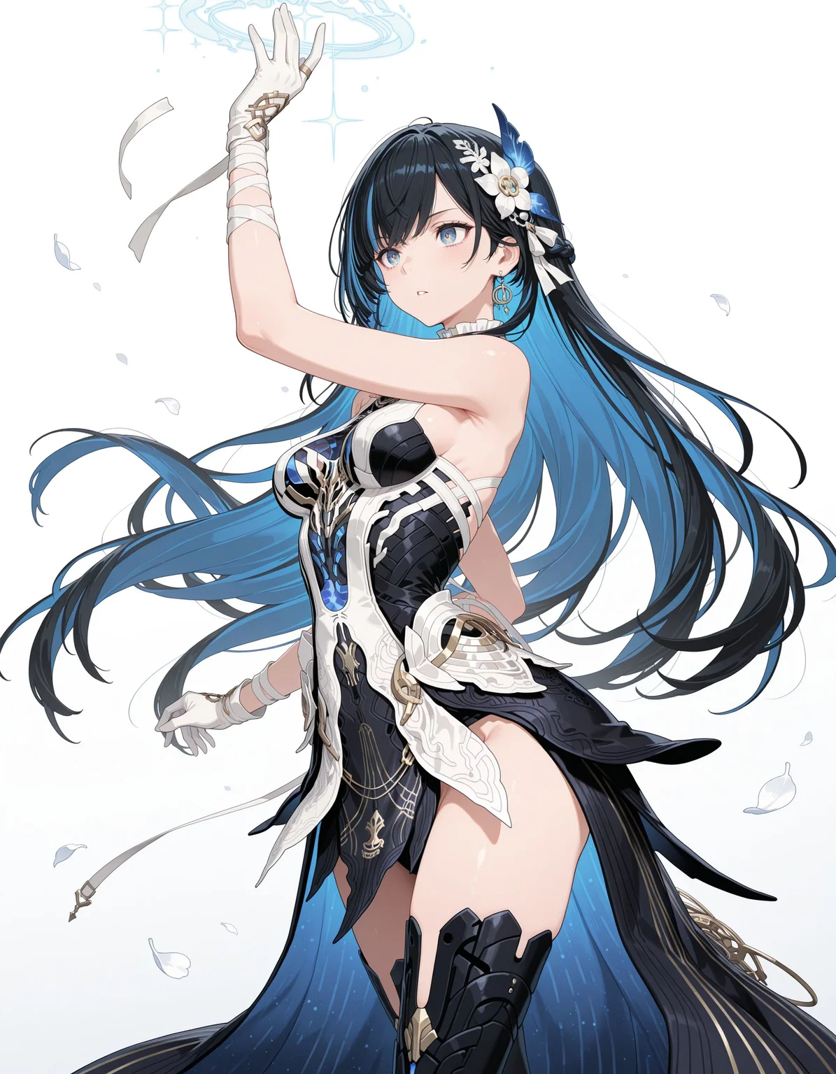 masterpiece,best quality,amazing quality,very aesthetic,high resolution,ultra detailed,perfect details,<lora:my-lora:1>,mai_style,
1girl,bandaged_arm,bandages,bare_shoulders,black_dress,black_hair,blue_eyes,blue_hair,boots,colored_inner_hair,gloves,high_heels,jewelry,long_hair,multicolored_hair,solo,streaked_hair,very_long_hair,white_dress,white_flower,white_gloves,
upper body,<lora:mai_pgr_selena_xs:0.7>,mai_pgr_selena_xs,standing,simple background,dynamic pose,