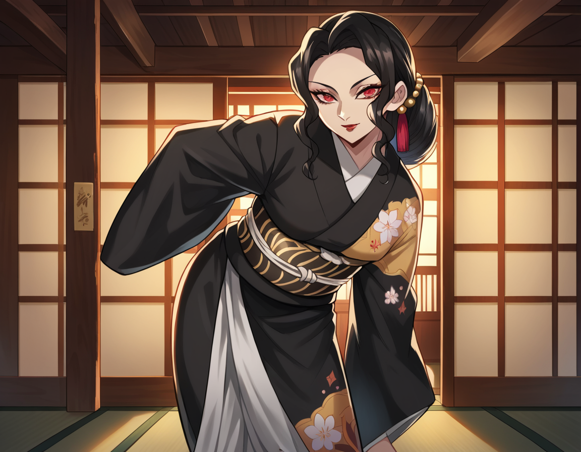 score_9, score_8_up, score_7_up, source_anime,
muzankibutsuji, <lora:muzan-kibutsuji-ponyxl-lora-nochekaiser:1>,
muzan kibutsuji, black hair, hair ornament, red eyes, red lips,
japanese clothes, wide sleeves, kimono, sash, obi, floral print, black kimono,
indoors, dojo, bent over, smile,
solo, looking at viewer, cowboy shot,