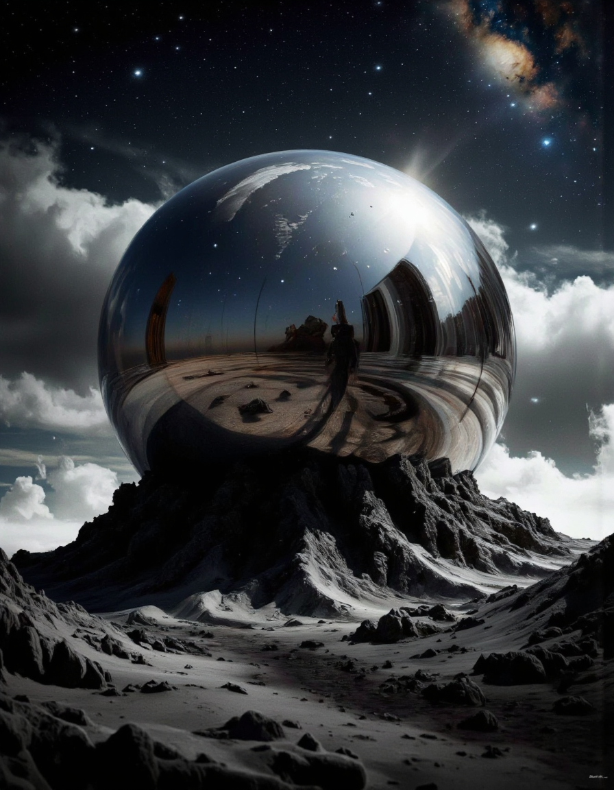 The image is a digital art piece that appears to be a surreal landscape. It is a close-up of a large, spherical object that is tilted slightly to the right. The object is made of a shiny, reflective material that reflects the light and creates a mirror-like effect. The surface of the object is covered in a dark, textured pattern that creates a sense of depth and dimension. The background is a vast, starry sky with a hint of a galaxy visible in the top right corner. The overall mood of the image is mysterious and awe-inspiring. <lora:landscape:1>