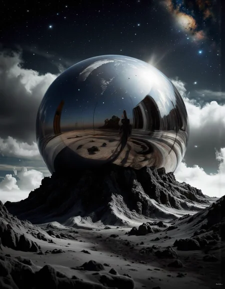 The image is a digital art piece that appears to be a surreal landscape. It is a close-up of a large, spherical object that is tilted slightly to the right. The object is made of a shiny, reflective material that reflects the light and creates a mirror-like effect. The surface of the object is covered in a dark, textured pattern that creates a sense of depth and dimension. The background is a vast, starry sky with a hint of a galaxy visible in the top right corner. The overall mood of the image is mysterious and awe-inspiring. <lora:landscape:1>