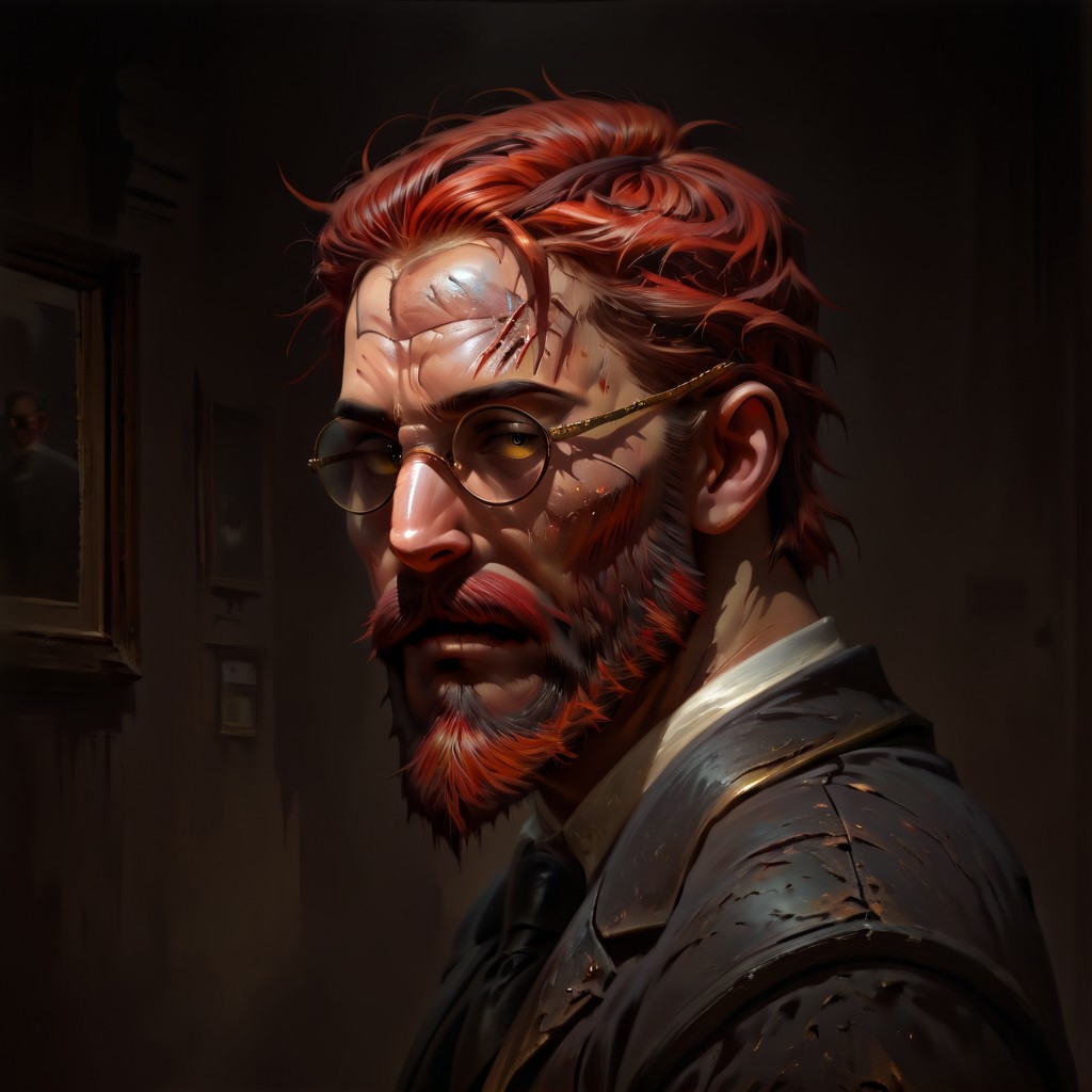 masterpiece, best quality, newest, absurdres, highres, DFOP-V3.0, oil painting, realistic, 1boy, glasses, red hair, suit, round glasses, beard, facial hair, mustache, scar, scars on face