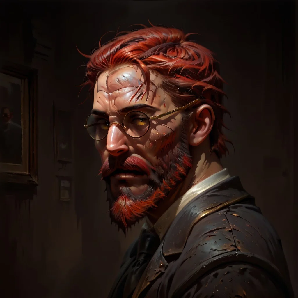 masterpiece, best quality, newest, absurdres, highres, DFOP-V3.0, oil painting, realistic, 1boy, glasses, red hair, suit, round glasses, beard, facial hair, mustache, scar, scars on face