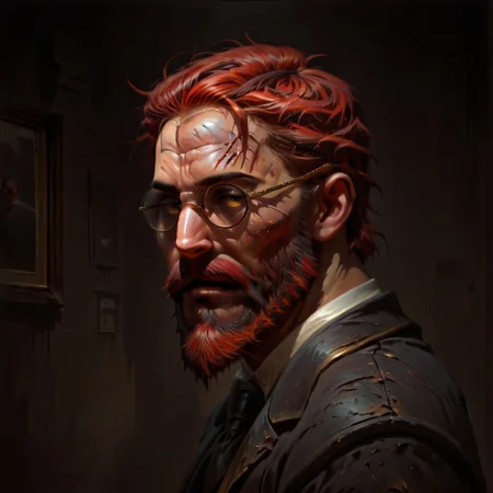 masterpiece, best quality, newest, absurdres, highres, DFOP-V3.0, oil painting, realistic, 1boy, glasses, red hair, suit, round glasses, beard, facial hair, mustache, scar, scars on face