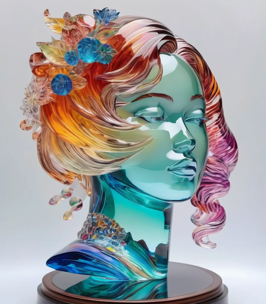 A detailed and vibrant portrait of glasssculpture, alisabcnv in a fantastical landscape with vibrant colors and intricate details, rendered in an art style that mixes realism with elements of surrealism, done by artists such as Ruan Jia and Yoshitaka Amano. <lora:sdxl_glass:1> <lora:sdxl_alisabcnv:0.8>