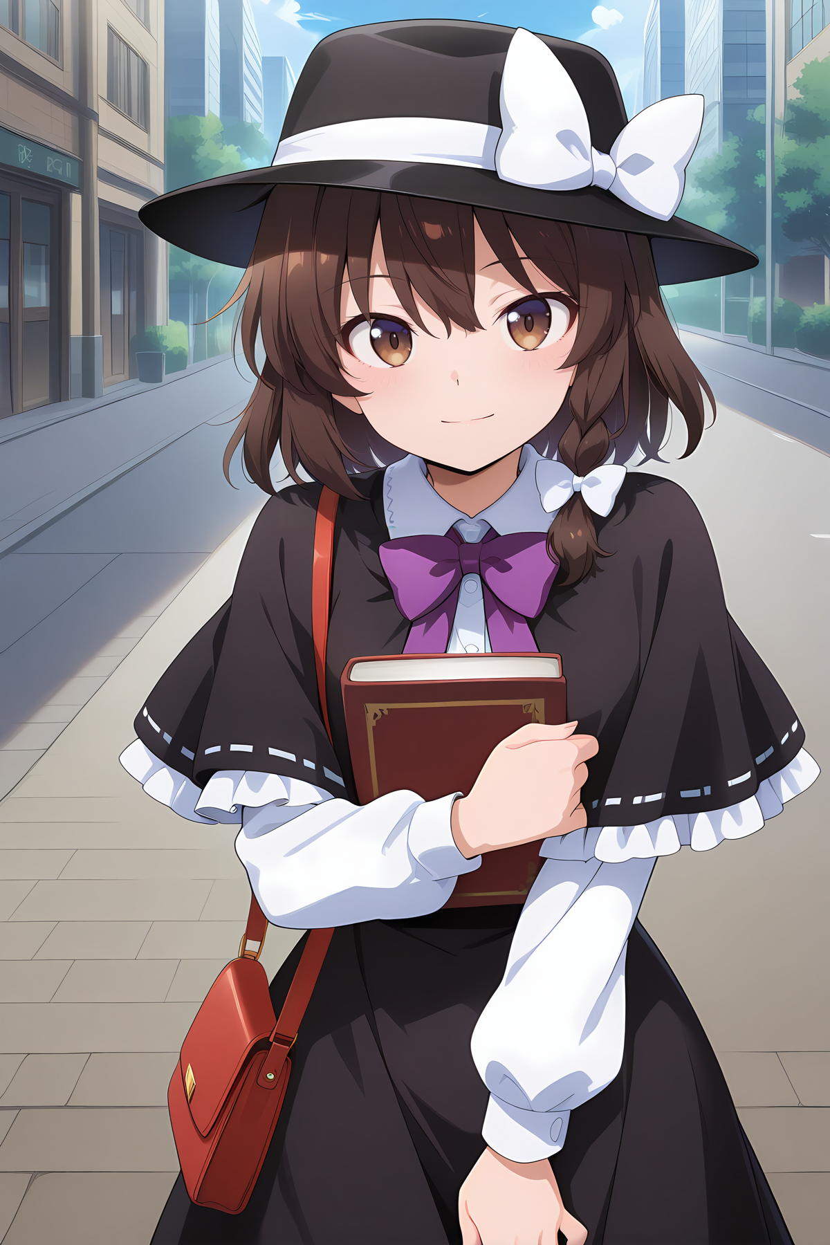 absurdres, highres, masterpiece, best quality, amazing quality, official anime artwork, screencap, anime screencap, outdoors, light smile, looking at viewer, dynamic pose,
<lora:Usami-Renko_Illustrious:1> usami renko, 1girl, solo, brown hair, brown eyes, medium hair, side braid, hair bow, white bow,, black hat, white hat bow, black capelet, frilled capelet, purple bowtie, white shirt, long sleeves, black skirt, long skirt, frilled skirt, brow,n handbag, holding book, street,