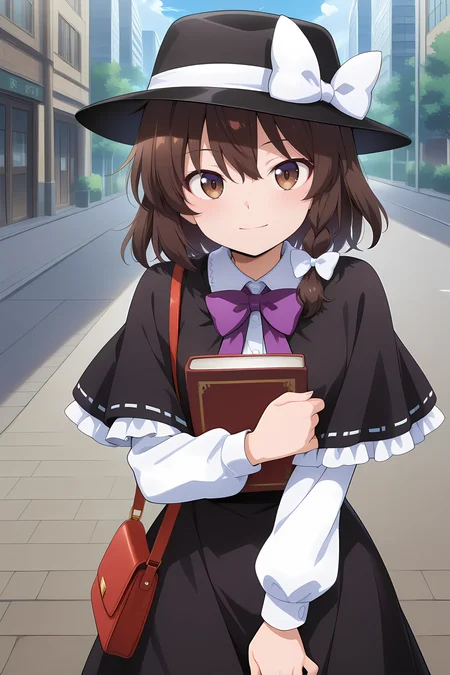 absurdres, highres, masterpiece, best quality, amazing quality, official anime artwork, screencap, anime screencap, outdoors, light smile, looking at viewer, dynamic pose,
<lora:Usami-Renko_Illustrious:1> usami renko, 1girl, solo, brown hair, brown eyes, medium hair, side braid, hair bow, white bow,, black hat, white hat bow, black capelet, frilled capelet, purple bowtie, white shirt, long sleeves, black skirt, long skirt, frilled skirt, brow,n handbag, holding book, street,