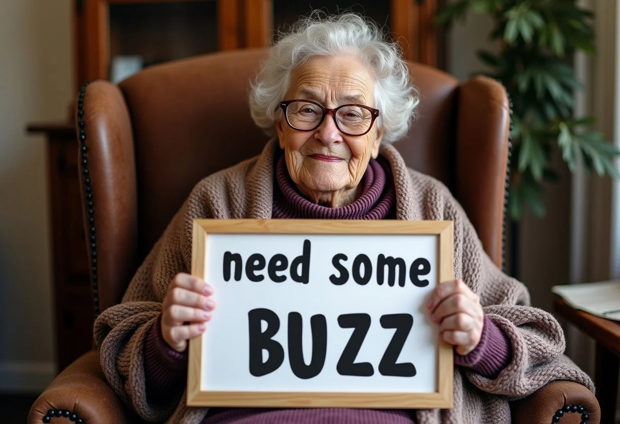 grandma sat on a chair,blanket, holding a sign say "need some buzz"