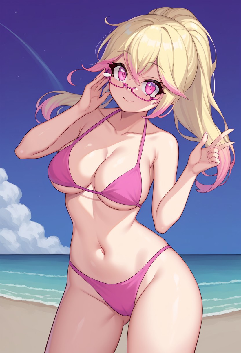 score_9, score_8_up, score_7_up, score_6_up, score_5_up, score_4_up, source_anime, <lora:confetti-extract- ponyxl:0.85>, detailed eyes, easynegative, rating_explicit, Expressiveh, 1girl, solo, serenity patterson, large breasts, blonde hair, multicolored hair, long hair, bangs, glasses,  pink eyes, under-rim eyewear, smiling to viewer, bikini, pink bikini, beach, beach background, sky