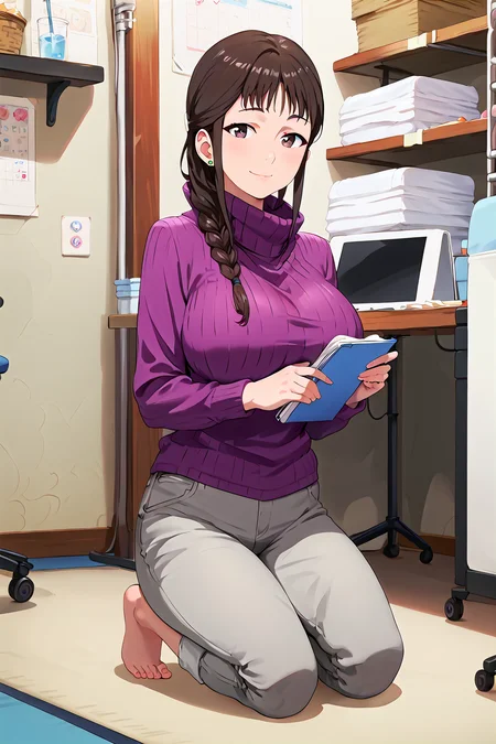 score_9, score_8_up, score_7_up, score_6_up, source_anime, segawamisato, 1girl, solo, hair over shoulder, long hair, brown hair, stud earrings, grey pants, single braid, black eyes, purple sweater <lora:segawamisato_pony3:1>standing, large breasts, kneeling, looking at viewer, smile, holding document, barefoot, ribbed sweater