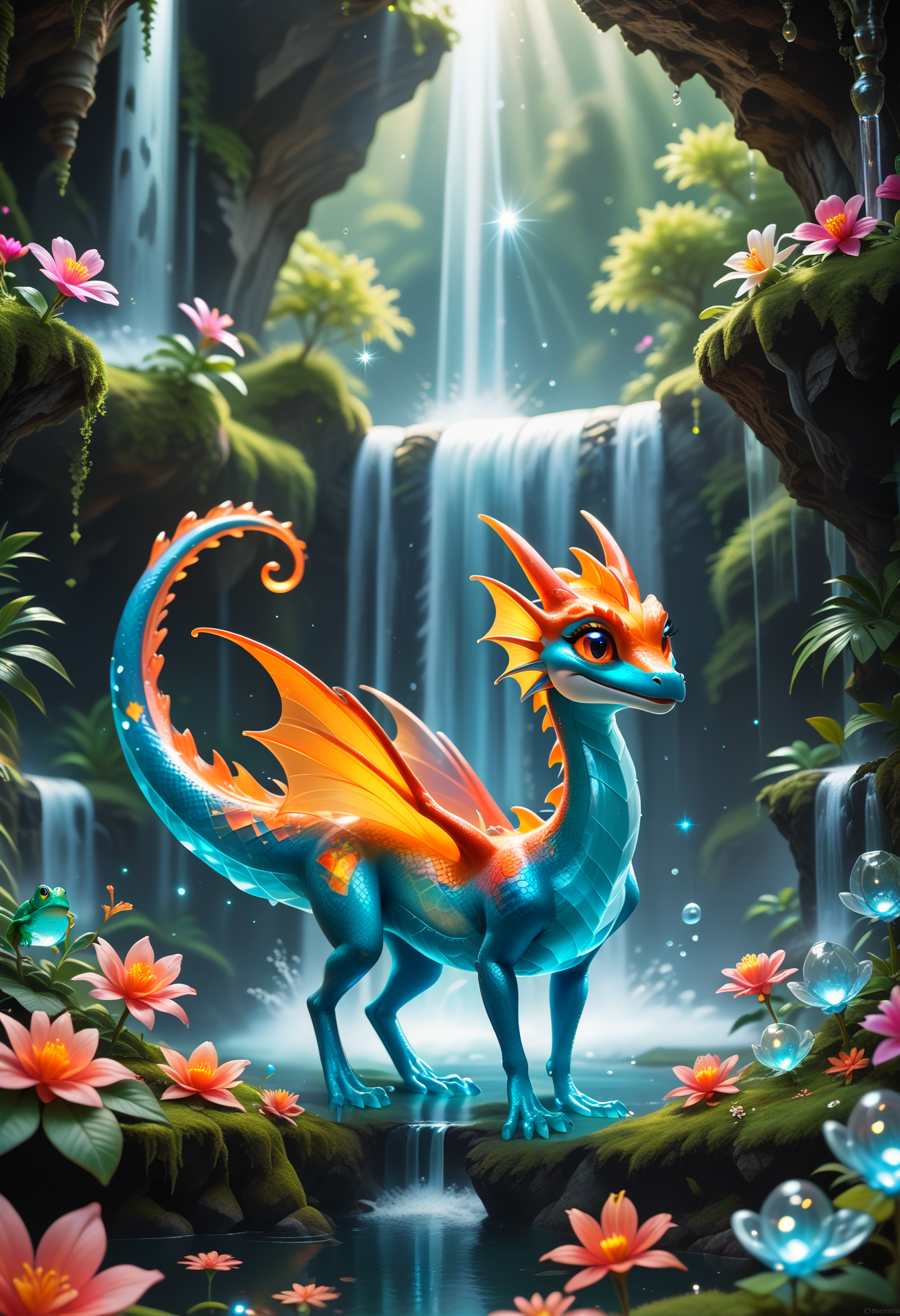 score_9, score_8_up, score_7_up, score_6_up, score_5_up, score_4_up score_9,score_8_up, macro photo, a beautiful translucent glass dragon frog that glows within, glowing lights, beautiful waterfall , made out of multicolored transparent delicate glass, magical sparkles,vibrant whimsical