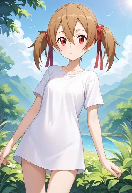 score_9, score_8_up, score_7_up, score_6_up, source_anime, highres, hi res, best quality, masterpiece, 2d, intricate details, official style, anime, 4k, anime style, 1girl, solo, female, long hair, red eyes, brown hair, hair ornament, hair between eyes, ribbon, twintails, hair ribbon, short twintails,
No pants, only shirt, white shirt, short sleeves, detailled body, detailled legs, standing
silica, sword art online <lora:Silica_Pony:1>
