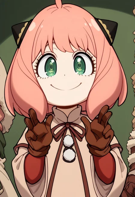 score_9, score_8_up, score_7_up, highly detailed, 1girl, cute boy, solo, five fingers, front view, winking, happy, smiling, white outline, easynegative, CuteCartoonStyle, Expressiveh, front view, negative_hand, anya forger, anya (spy x family), bangs, green eyes, pink hair, ahoge, child, female child, hairpods, gloves, long sleeves, ribbon, brown gloves, capelet, robe,
