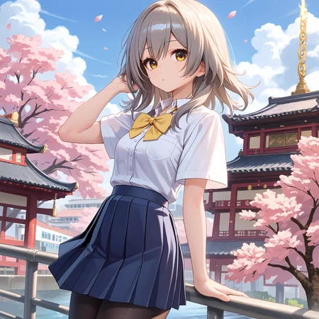 score_9, score_8_up, score_7_up, score_6_up, score_5_up, score_4_up, BREAK source_anime, look at viewer, rating_safe, 1girl, solo, city, cherry blossom, masterpiece, best quality, high detailed skin, stelle \(honkai: star rail\), medium hair, grey hair, yellow eyes, school uniform, collared shirt, white shirt, pleated skirt, black pantyhose, short sleeves, bowtie,