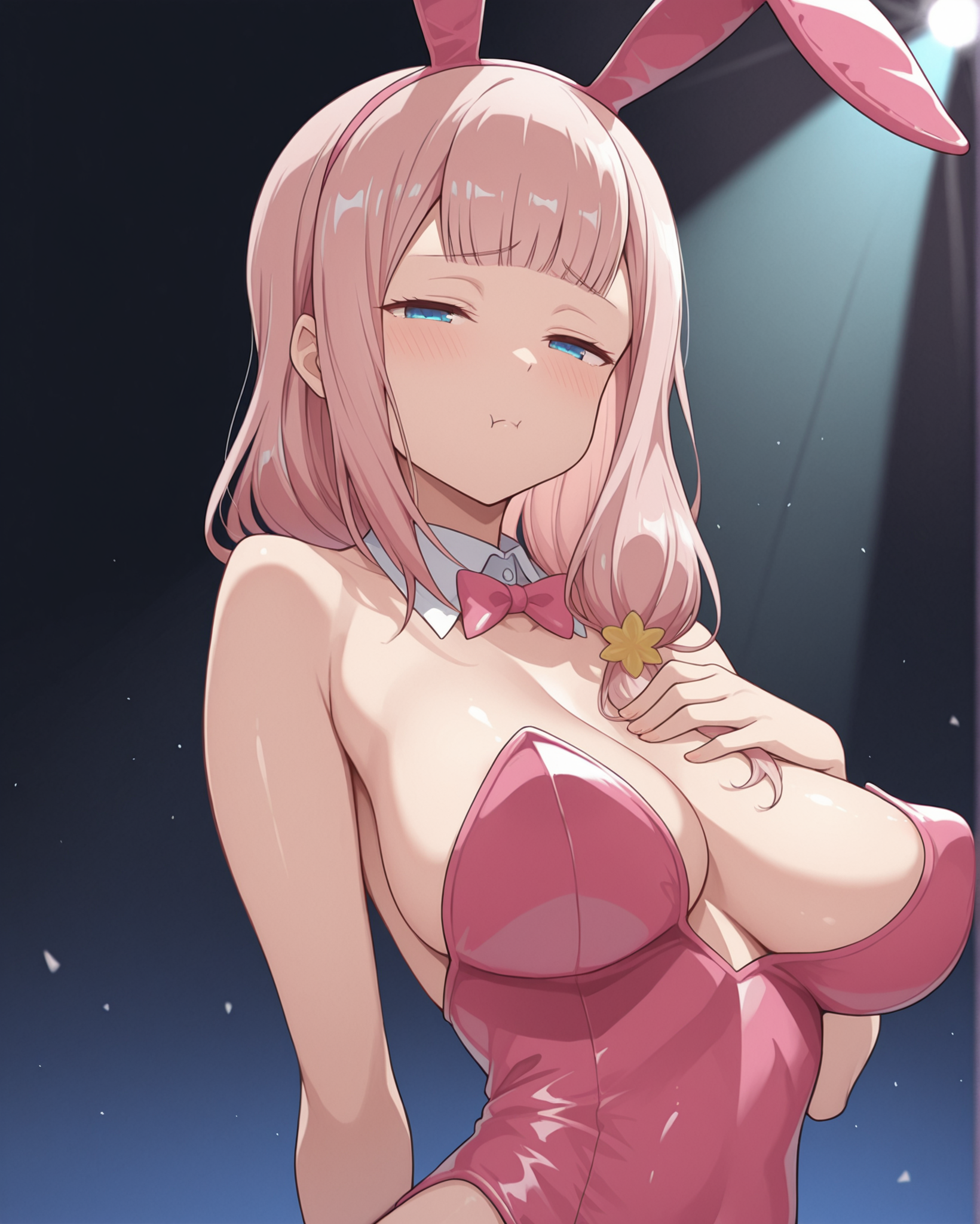 masterpiece, best quality, fujiwara_toyomi, 1girl, fujiwara_toyomi, pink hair, blue eyes, half-closed eyes, looking at viewer, blunt bangs, hair over one shoulder, large breasts, perky breasts, stage spotlight, simple background, motherly side plait, hand on chest, hand behind back, fake bunny ears, bunny girl, detached collar, upper body, pout, <lora:Fujiwara_Toyomi_Kaguya-sama_Love_Is_War_Illustrious:1>,