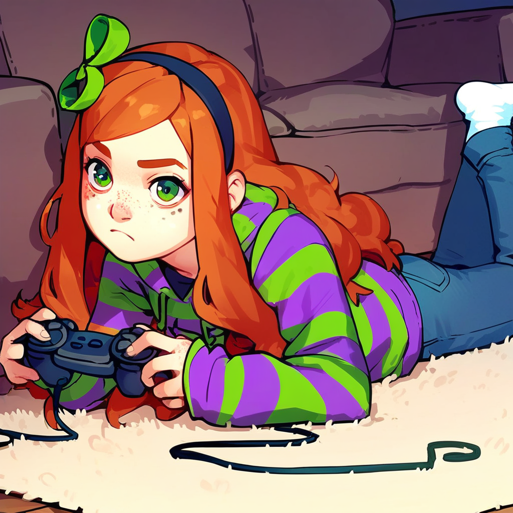 score_8, score_8_up, score_7_up, source_anime, 1girl, solo, female focus, ViviJa, red hair, green eyes, very long hair, asymmetrical bangs, parted bangs, sidelocks, freckles, hairband, ribbon hair ornament, infinity symbol, green ribbon, black shirt, striped hoodie, green hoodie, purple hoodie, hood down, jeans, blue jeans, white socks, no shoes, on stomach, laying, on floor, game controller, dualshock, holding game controller, playing video games, facing viewer, living room, couch, rug,
