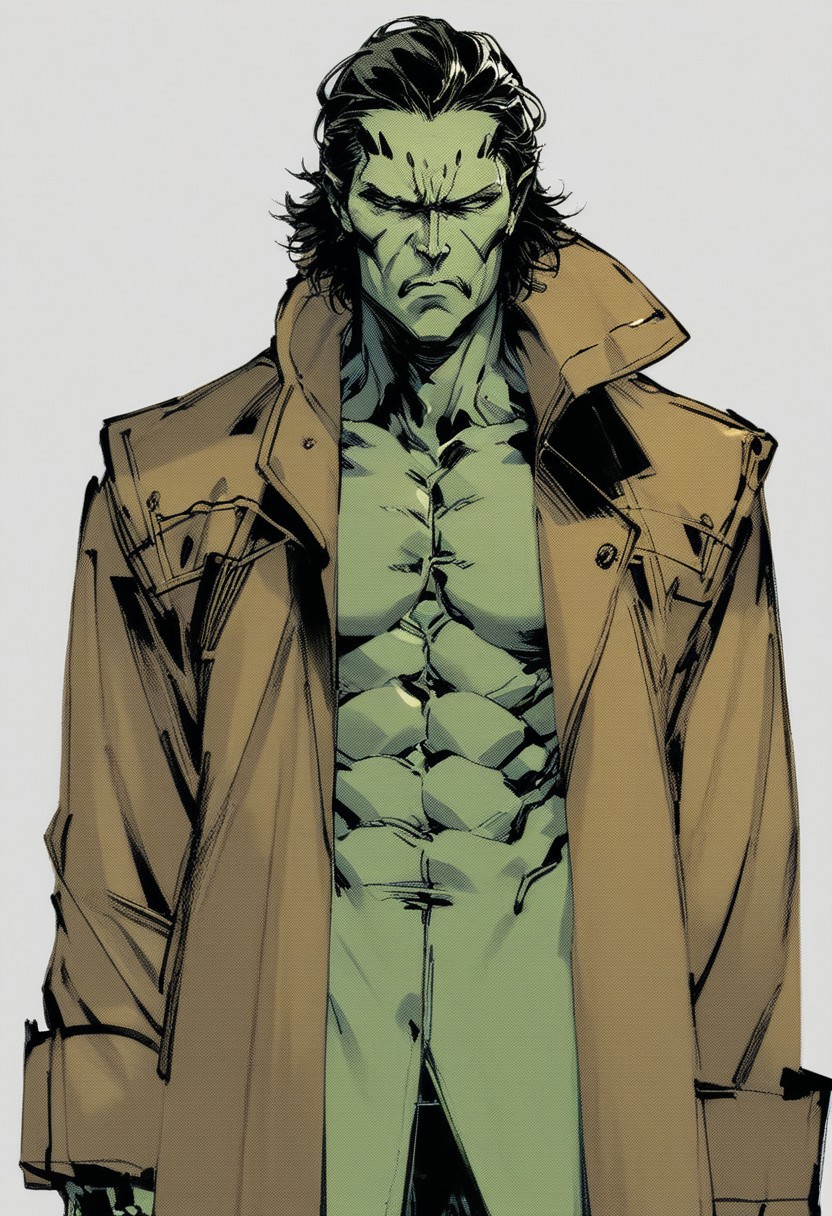yoji_shinkawa, green alien , Male, tentacle like form, trenchcoat,  serious  <lora:Yoji_v2-000014:0.9>, score_8_up, score_7_up, score_6_up