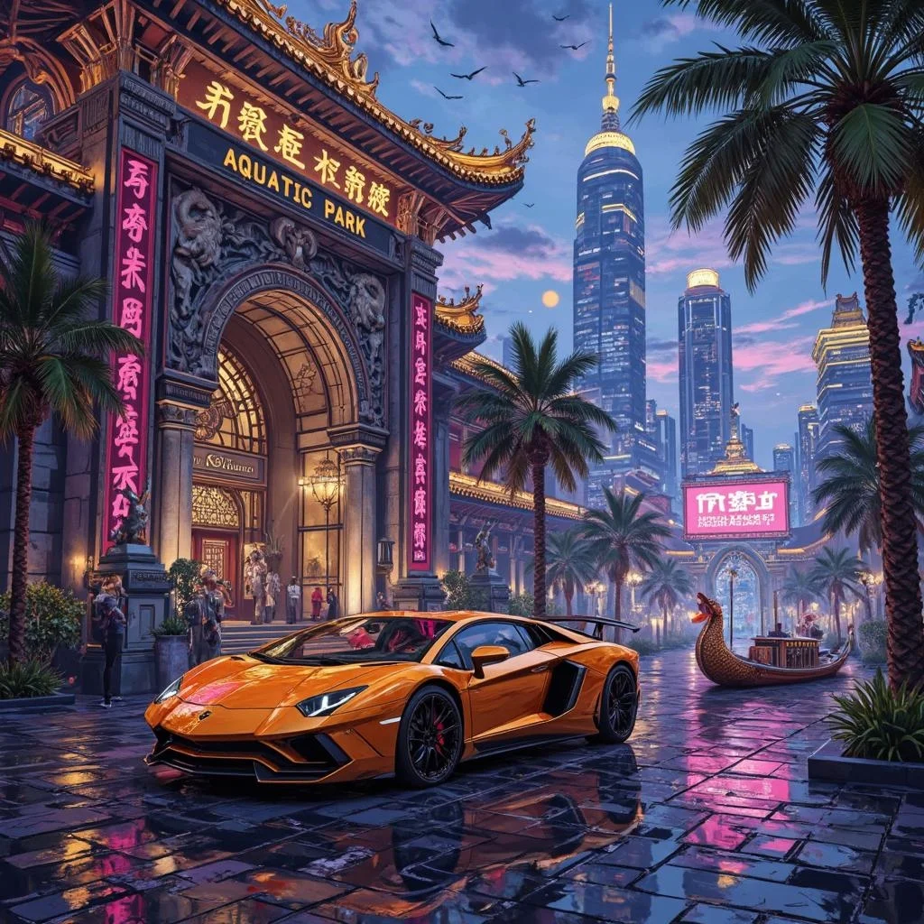 <lora:ck-Ivan-Beslic-Art-Style-000019.safetensors:1> A highly detailed and vibrant digital painting in the style of ck-ib
In a scene where the boundaries of time and space blur, a sleek, orange Lamborghini Countach stands majestically, its contours illuminated by a blend of neon and pink ambient lights. The car, a symbol of modern luxury, is parked in front of a grand palace, its facade adorned with intricate ancient runes and statues of mythical creatures from the Han Dynasty. The palace, a fusion of classical and futuristic elements, towers over the scene, its ornate pillars and flying buttresses gleaming under the soft, diffuse bokeh of the surrounding lights.
The background is a bustling urban landscape, a harmonious blend of the past and the present. Skyscrapers with sleek, modern designs are interspersed with traditional Chinese pagodas, their golden roofs catching the ambient glow. The "Aquatic Park" sign, now engraved with ancient Chinese characters, stands tall, flanked by palm trees that sway gently in the breeze, their leaves casting shadows on the cobblestone streets below.
In the distance, a dragon boat from the Han Dynasty glides across a serene canal, its ornate dragon head and tail reflecting the city's vibrant lights. The air is filled with the sounds of market vendors and the laughter of scholars, all immersed in this timeless, enchanting world where the past, present, and future coexist in perfect harmony.