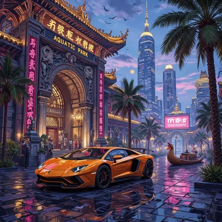 <lora:ck-Ivan-Beslic-Art-Style-000019.safetensors:1> A highly detailed and vibrant digital painting in the style of ck-ib
In a scene where the boundaries of time and space blur, a sleek, orange Lamborghini Countach stands majestically, its contours illuminated by a blend of neon and pink ambient lights. The car, a symbol of modern luxury, is parked in front of a grand palace, its facade adorned with intricate ancient runes and statues of mythical creatures from the Han Dynasty. The palace, a fusion of classical and futuristic elements, towers over the scene, its ornate pillars and flying buttresses gleaming under the soft, diffuse bokeh of the surrounding lights.
The background is a bustling urban landscape, a harmonious blend of the past and the present. Skyscrapers with sleek, modern designs are interspersed with traditional Chinese pagodas, their golden roofs catching the ambient glow. The "Aquatic Park" sign, now engraved with ancient Chinese characters, stands tall, flanked by palm trees that sway gently in the breeze, their leaves casting shadows on the cobblestone streets below.
In the distance, a dragon boat from the Han Dynasty glides across a serene canal, its ornate dragon head and tail reflecting the city's vibrant lights. The air is filled with the sounds of market vendors and the laughter of scholars, all immersed in this timeless, enchanting world where the past, present, and future coexist in perfect harmony.